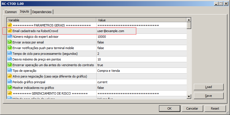 Configuração de email nos ajustes do robô