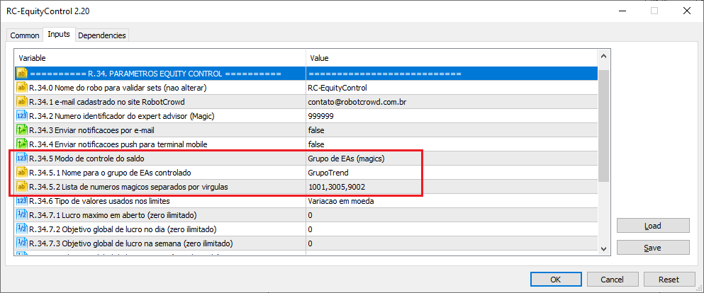 Configuração de grupo no EquityControl